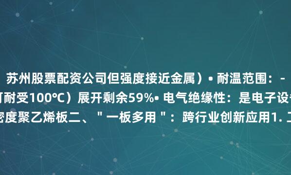 苏州股票配资公司但强度接近金属）• 耐温范围：-60℃至+80℃（短期可耐受100℃）展开剩余59%• 电气绝缘性：是电子设备的理想绝缘材料高密度聚乙烯板二、＂一板多用＂：跨行业创新应用1. 工业防护领域• 化工行业：反应釜衬里、管道系统、储罐内衬• 机械制造：耐磨导轨、设备防护罩、轴承座• 矿山设备：溜槽衬板、输送机盖板2. 民用与基础设施• 环保设施：污水处理设备、垃圾分类箱• 公共设施：防滑